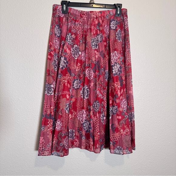 Vintage 70s Red Floral Pleated Knee Length Skirt Womens 16 Sheer Boho Peasant - Picture 1 of 10